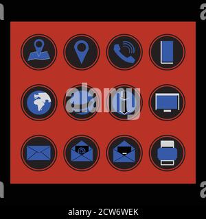 Blue And Black Circular Round Icons Set Of Twelve Web Icon Business Phone Navigation Print Computer Email Messages Mobile phone Download GPS Position Stock Vector