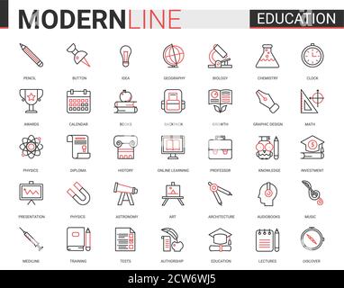 Education flat thin red black line icon vector illustration set with ...