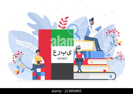 Online Arabic language courses flat vector illustration. Distance education, remote school, Arabian university. Students reading books Internet class, e learning language school isolated Stock Vector