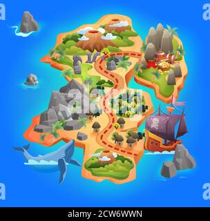 Treasure game map vector illustration. Cartoon tropical island map showing road direction to pirate gold treasure, through mountains and forests, starting from piratical ship by sea, gaming background Stock Vector