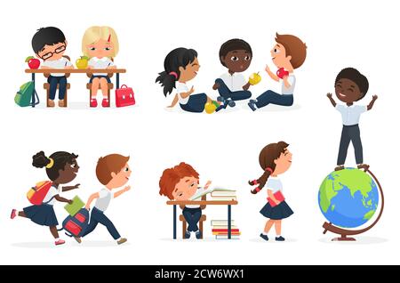 Kids in school vector illustration set. Cartoon flat schooling education collection with happy friends children characters study, read books, have fun together, child doing homework isolated on white Stock Vector