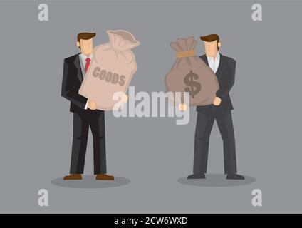 Two cartoon man, one holding a sack with label reads Goods and the other carrying a sack with dollar sign. Vector illustration on business trade and t Stock Vector