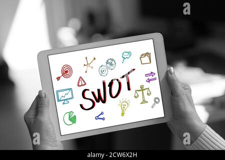 Swot concept shown on a tablet held by a woman Stock Photo