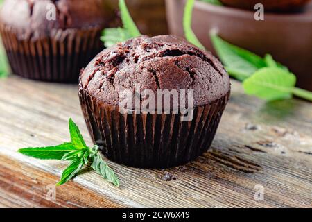 Chocolate cupcake muffins with mint leaves in rustic style. Fresh baked chocolate muffins with no top on dark wooden background. Cupcakes without Stock Photo