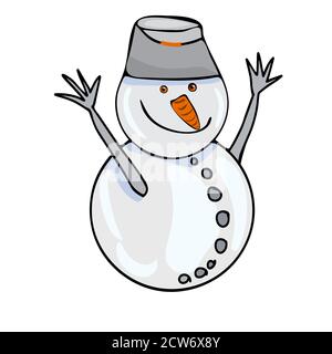 Happy cartoon snowman isolated on white background. Smiling snowman with bucket and orange nose in flat style.Snowman waving hands.Vector illustration Stock Vector