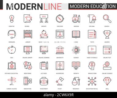 Modern education flat thin red black line icons vector illustration set ...