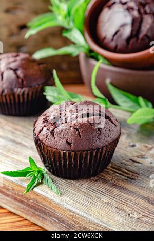 Chocolate cupcake muffins with mint leaves in rustic style. Fresh baked chocolate muffins with no top on dark wooden background. Cupcakes without Stock Photo