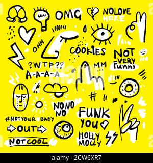 Positive and funny doodle sticker set in black, yellow and white colors. Hand drawn stickers with donut, eye, hearts, lettering and human face. Ink Stock Vector