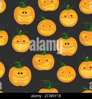 Seamless pattern on with scary faces and pumpkins. Background for Halloween. All Saints Day treat. Stock Vector