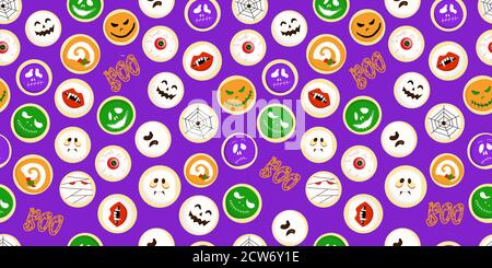 Seamless pattern on with scary faces. Background for Halloween. All Saints Day treat. Stock Vector