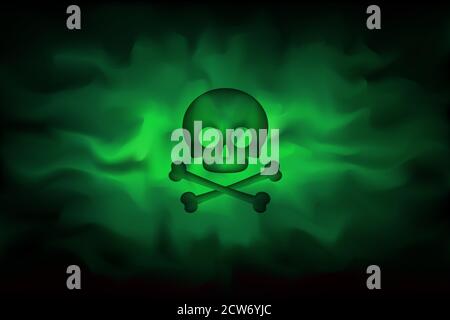 Sign of toxicity against a background infected green fog. Sign of danger poison. Dangerous toxic haze. Smoke spread biological weapons. Danger symbol, Stock Vector