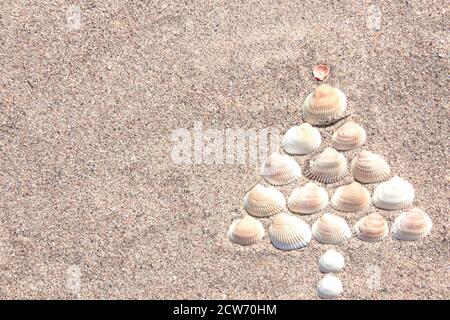 Christmas tree made of shells on dry yellow sand. Southern Hemisphere New Year Concept Stock Photo