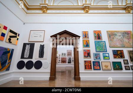 Royal Academy, London, UK. 28 September 2020. Postponed from early summer due to Covid-19 lockdown, the 252nd annual RA Summer Winter Exhibition opens 6 Oct 2020-3 Jan 2021 with safety measures, the first time it will be curated by an artistic duo and the first time ever it will take place in the autumn. Credit: Malcolm Park/Alamy Live News. Stock Photo