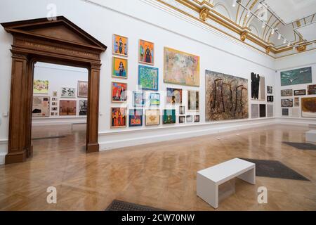 Royal Academy, London, UK. 28 September 2020. Postponed from early summer due to Covid-19 lockdown, the 252nd annual RA Summer Winter Exhibition opens 6 Oct 2020-3 Jan 2021 with safety measures, the first time it will be curated by an artistic duo and the first time ever it will take place in the autumn. Credit: Malcolm Park/Alamy Live News. Stock Photo