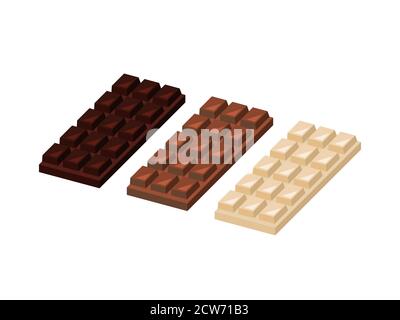 Dark, milk and white chocolate. Isometric chocolate bars. Different kinds of chocolate. Unwrapped chocolate bars set on white background. Vector Stock Vector