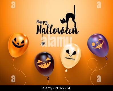 Set of halloween balloons with scary faces and halloween logo with cat in hat. Orange background. Greeting card, party invitation or sale banner Stock Vector