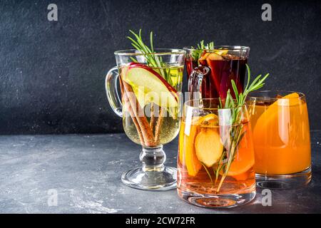 Various autumn winter alcohol drinks set. Different seasonal alcohol cocktails - mulled wine, glogg, grog, eggnog, ginger ale, hot buttered rum, punch Stock Photo