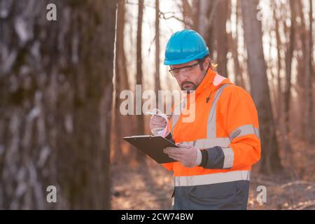Forestry technician writing notes on clipboard notepad paper in forest during logging deforestation process Stock Photo