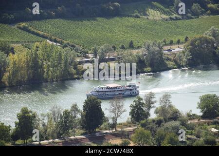 ship on the Mosel valley near Valwig Stock Photo