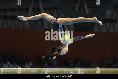 (200928) -- ZHAOQING, Sept. 28, 2020 (Xinhua) -- Wei Xiaoyuan competes during the women's balance beam final at the 2020 Chinese National Artistic Gymnastics Championships in Zhaoqing, south China's Guangdong Province, Sept. 28, 2020. (Xinhua/Cheng Min) Stock Photo