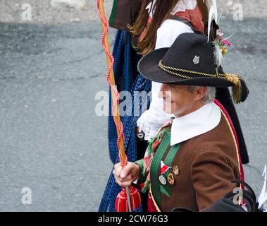 Conductor of the musicband Kartitsch from Tirol at the festival procession in celebration of 200 years of the band in traditional costumes Maria Lugga Stock Photo