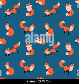 Seamless pattern with funny cartoon foxes. Woodland animals on blue background. Flat vector illustration. Stock Vector