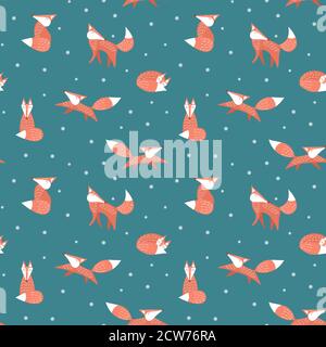Winter seamless pattern with funny cartoon foxes. Woodland animals with snowflakes on green background. Flat vector illustration. Stock Vector
