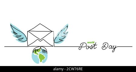 World post day simple web banner, background. One continuous line drawing of mail with wings with text Post Day Stock Vector