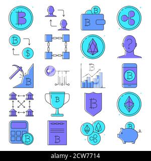 Bitcoin and altcoins icon set in colored line style Stock Vector