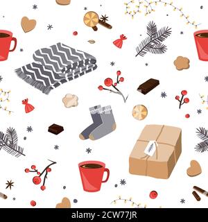 Winter and Christmas items seamless pattern. Hygge vector illustration Stock Vector