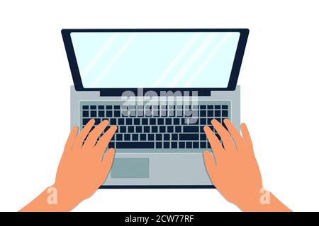 Women's and men's hands type text on the laptop keyboard. The view from the top. Working, studying person in the workplace, in the office, at home Stock Vector