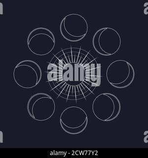 Abstract contemporary aesthetic background with Moon phases, with the sun. Boho wall decor. Modern minimalist art print. Organic natural shape. Magic Stock Vector