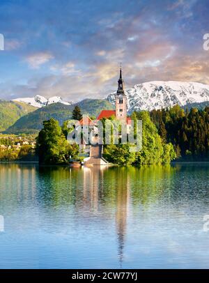 Assumption of Mary Pilgrimage Church island in the middle of  Lake Bled Slovenia at sunset Stock Photo