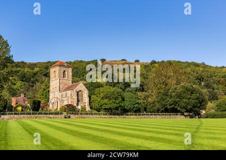 Little Malvern Priory and Little Malvern Court with the Malvern Hills in the background, Worcestershire, England Stock Photo