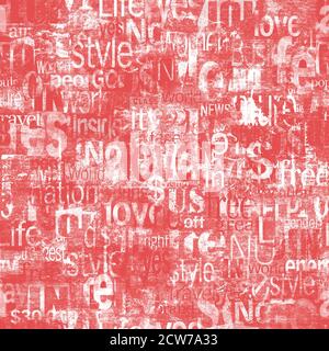 Abstract grunge urban geometric words, letters seamless pattern. Aged newspaper, magazine textured paper background. Red white collage repeating textu Stock Photo