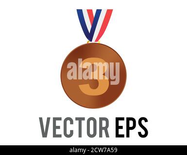 The isolated vector third place bronze medal icon with blue, white, red ribbon Stock Vector