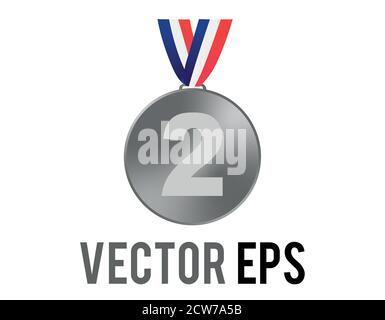 The isolated vector second place silver medal icon with blue, white, red ribbon Stock Vector