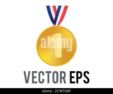 The isolated vector first place gold medal icon with blue, white, red ribbon Stock Vector