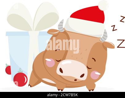 Cute little ox. Chinese new year 2021. Sleeping ox Stock Vector