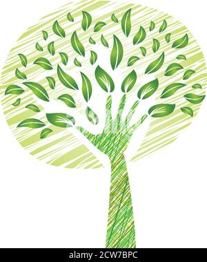Tree with Foliage in Green - Big Hand as Trunk with Scribble Effect Stock Vector