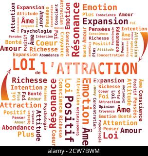 Law of Attraction in French Language - Word Cloud in Red / Orange Colors Stock Vector