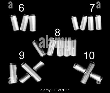 Roman numeral 6 7 8 9 10. Made of aluminum cans on a black background Isolated. Numbering six seven eight nine ten Stock Photo