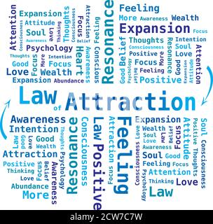 Law of Attraction in English Language - Word Cloud in Blue / Turquoise Colors Stock Vector