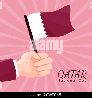 banner square greeting qatar national day - template post social media with cartoon hand holding qatar flag Stock Vector