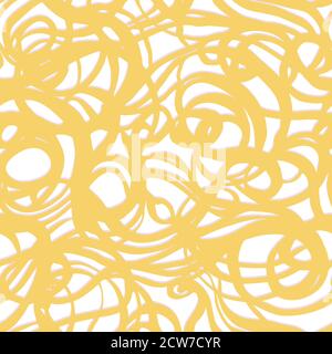 Abstract delicious noodle food pattern, doodle brush pen swirly line design. Vector background. Seamless irregular yellow curl pattern on white background. Appropriate for modern food products, packaging, graphic projects, concept design. Stock Vector