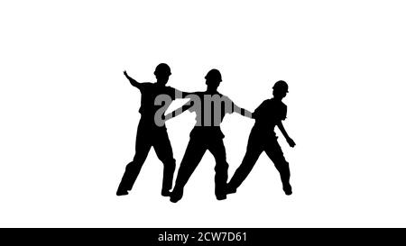 Silhouette Three male construction workers in hard hats synch da Stock Photo
