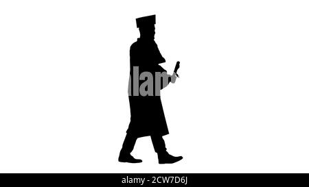 Graduating student walking and making a call, Alpha Channel Stock Photo
