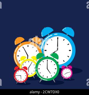Group of Classic Alarm Clocks with different times isolated on dark blue Stock Vector