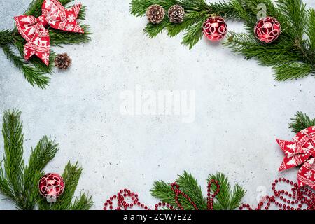 Christmas frame background with fir tree branches. Winter holidays background with copy space for text, deisgn, greeting message Stock Photo