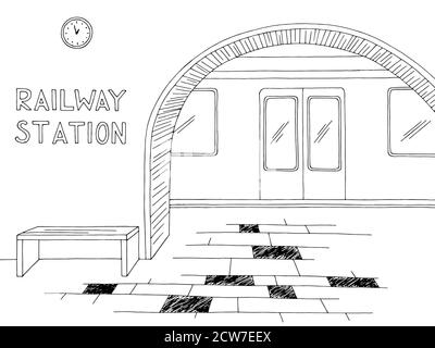 Railway station platform graphic black white sketch illustration vector Stock Vector
